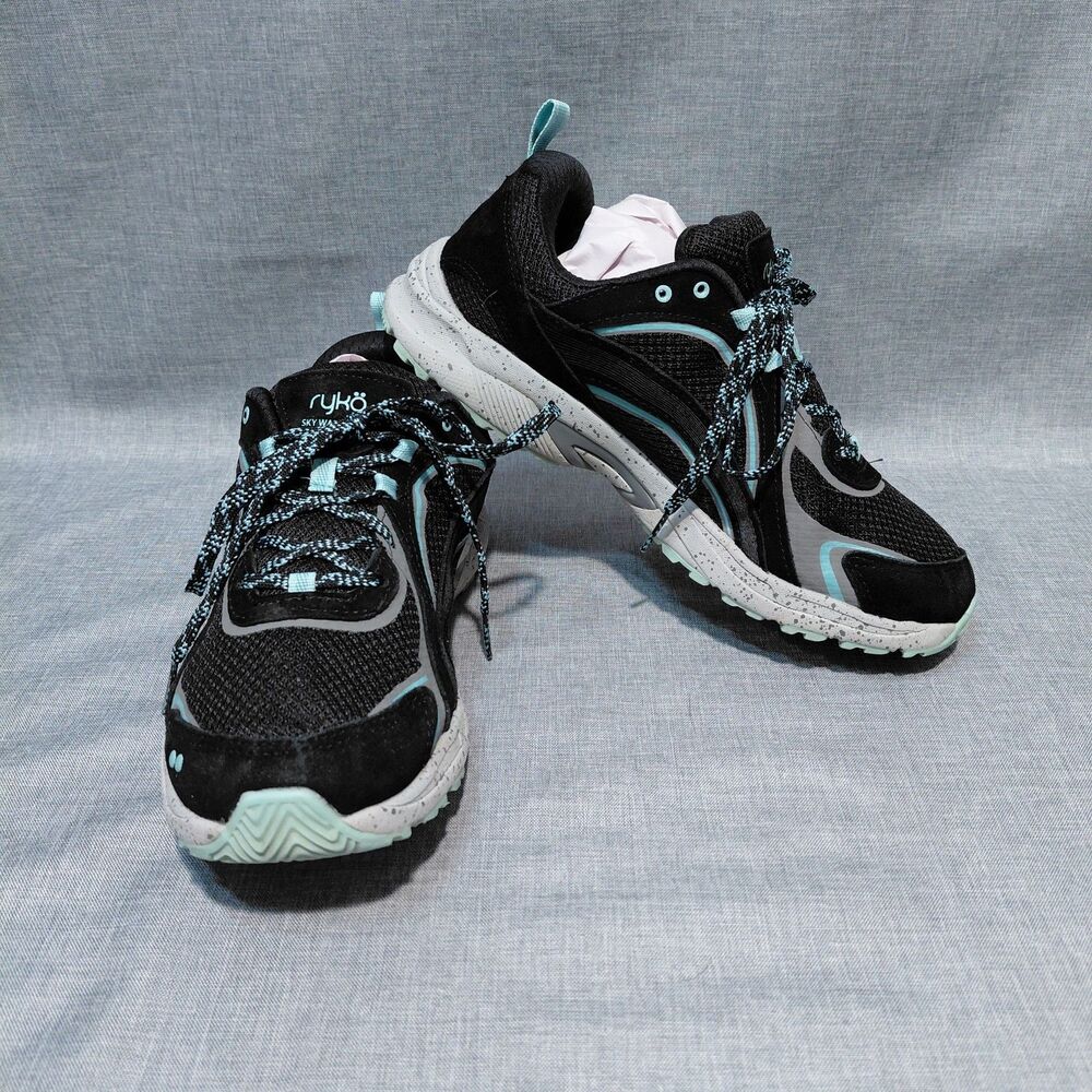 Ryka Sky Walk Trail Sneakers Suede Leather Trim Black/Light Blue Womens 8.5M